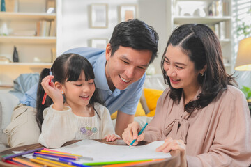 Obraz premium Dad, Mom, and daughter enjoy a moment of joyful homework on the sofa, a peaceful scene of family togetherness at home. They embrace a cheerful lifestyle, making study an exciting part of life