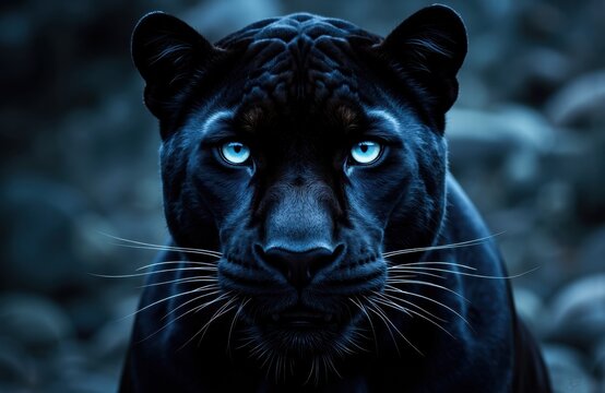 A black panther with piercing blue eyes staring intensely at the camera