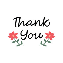 Black script text Thank You with red flowers and green leaves lettering