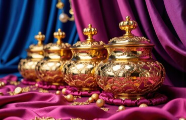 Obraz premium Ornate gold containers with decorative lids displayed on luxurious pink and purple fabric