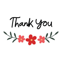 Black handwritten thank you text with red flowers and green leaves lettering