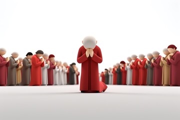 A group of stylized figures in red robes engaged in prayer, with a focus on one figure in the foreground