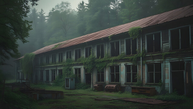 an old abandoned furniture factory with worn wooden buildings and rusty metal roofs stands near the edge of a dense forest, with overgrown vegetation crawling up the walls