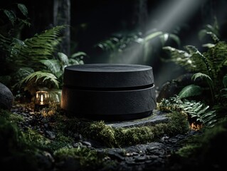 Mysterious Pedestal: A dark, circular object rests on a mossy stone base amidst a lush, verdant forest, illuminated by a beam of light, creating an air of intrigue and wonder.