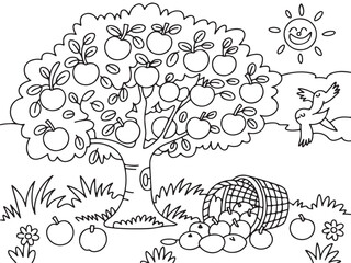 Apple Tree with Ripe Fruit and a Basket in a Peaceful Orchard Scene.