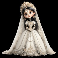 Halloween Skeleton Bride in Gothic Wedding Dress &ndash; Spooky Art Illustration. Creepy-cute Halloween bride illustration inspired by D&iacute;a de los Muertos.