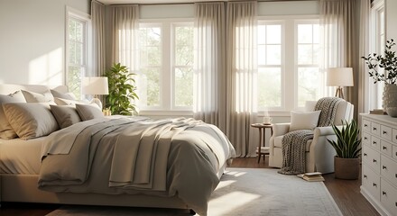 Serene Bedroom Interior with Natural Light and Neutral Tones.