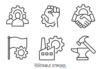 An industry and labor icon set in minimalist style with editable stroke. Factory symbol, gear element, teamwork object, production design, engineering pictogram, work concept