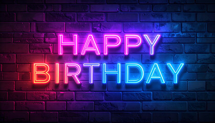 Obraz premium Happy Birthday Neon Sign on Brick Wall Background, Celebration and Event Themed Birthday Graphics for Digital Projects