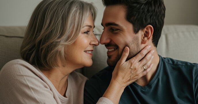 Elderly woman and young man in love, couple with big age difference, photo