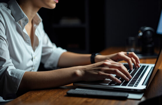 Woman typing on a laptop in a dark office environment - Powered by Adobe
