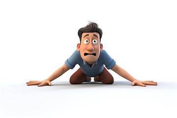 A cartoon man crawling on the ground with a worried expression in a plain white background
