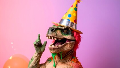A dinosaur in a party hat, pointing