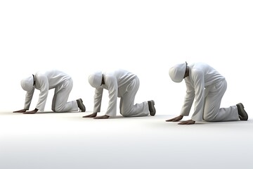 Three individuals in white attire kneeling on a smooth surface, showcasing teamwork and unity