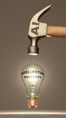 3d render of a light bulb labeled Intellectual Property about to be smashed by a hammer labeled AI, short for Artificial Intelligence.
