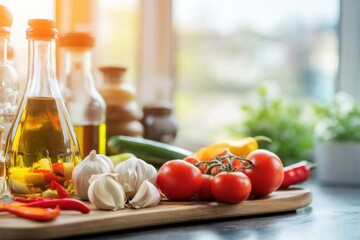 Culinary Freshness: A collection of vibrant ingredients, including tomatoes, garlic, olive oil, and herbs, are artfully arranged on a wooden cutting board, illuminated by natural light.