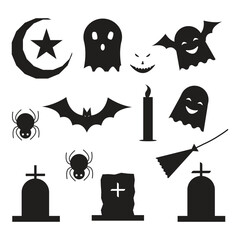Spooky Halloween Silhouette Set Ghosts, Bats, Spiders, and Tombstones