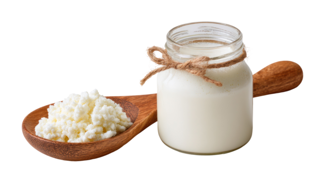 Milk kefir grains on wooden spoon and jar of kefir on transparent background