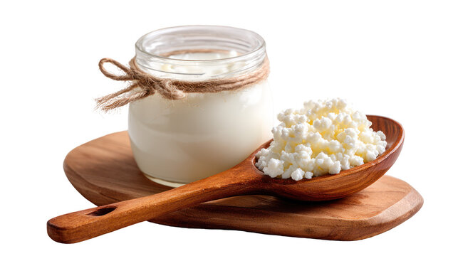 Milk kefir grains on wooden spoon and jar of kefir on transparent background