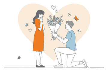 Romantic surprise marriage proposal indoors — vector illustration of kneeling partner offering engagement ring in a cozy modern home setting