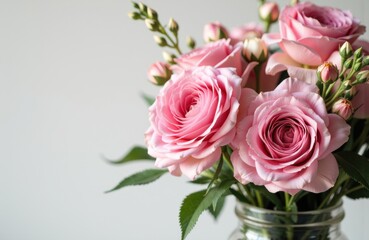 Fototapeta premium Pink roses and buds arranged in a glass jar with green leaves on a neutral background