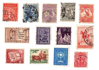 Vintage postage stamps from Australia isolated on a white background.