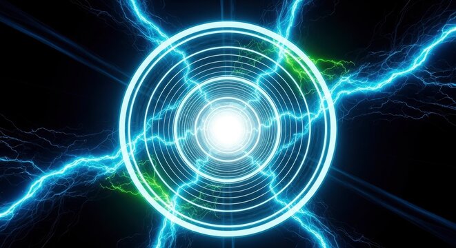 A bright abstract circular tunnel with concentric rings glows in the dark surrounded by vibrant blue and green lightning bolts and radiating energy - Powered by Adobe