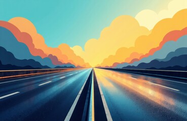 Naklejka premium A wide empty highway stretches into the distance under a colorful sky with stylized clouds