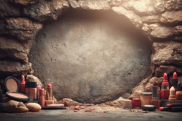 An abstract stone cave setting with arranged cosmetics, offering a unique backdrop, creating an earthy and natural product presentation showcasing beauty essentials.
