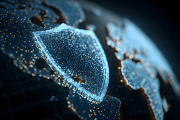 Cybersecurity shield icon over digital world map, glbal data protection concep, network security, internt safety, encryption, digial privacy, secure online onnections