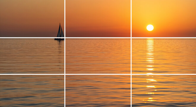 Educational example of rule of thirds application in photographywith sailboat at golden sunset horizon