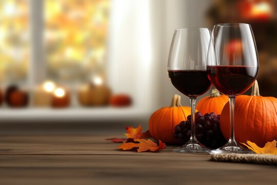 Autumnal Wine Delight: Two glasses of rich red wine stand elegantly on a wooden table, adorned with seasonal pumpkins and autumn leaves, with a warm, inviting atmosphere. - Powered by Adobe