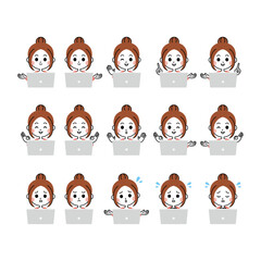 ノートパソコンで作業する女性のイラストセット