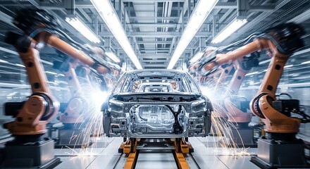 Fototapeta premium Automated Car Manufacturing: Robotic Welding on Assembly Line