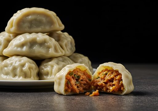 A stack of steamed mandu with a savory filling