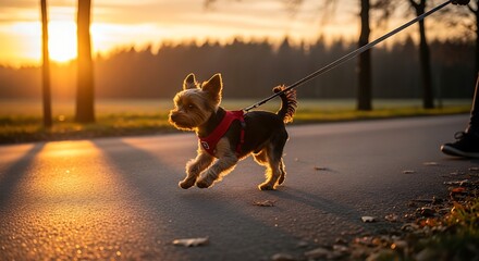 Small dog on leash walking at sunset in park.