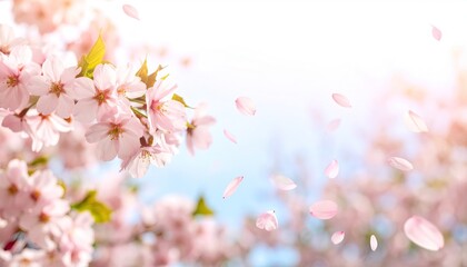 Fototapeta premium Pastel Pink Cherry Blossoms Falling Petals Soft Light Spring Background