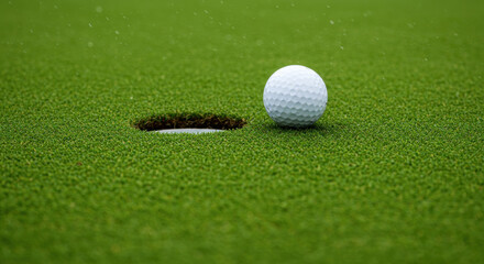 Golf ball resting on a green putting surface near a hole