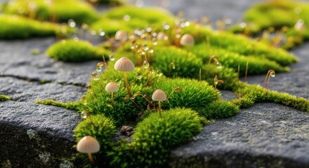 Tiny Mushrooms and Moss with Dew Drops on Stone