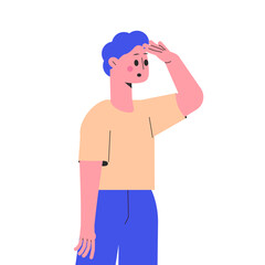 Man Character Looking Into Distance with Hand at Forehead Vector Illustration