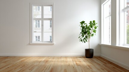 Fototapeta premium Bright empty room features a potted plant wooden floor and windows overlooking the outside