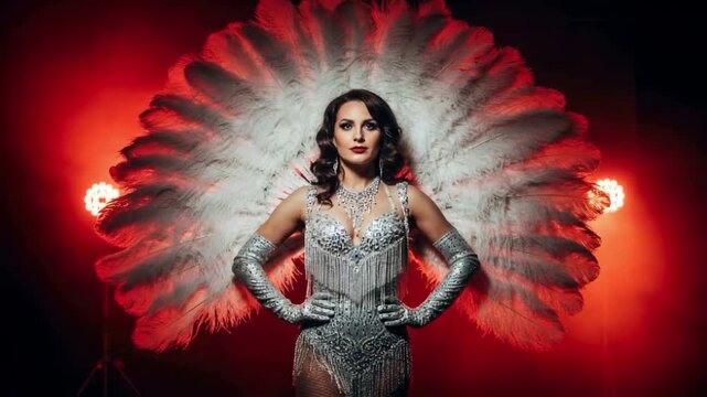 A burlesque dancer poses confidently in a silver costume with a large white feather fan, representing a cabaret show, vintage glamour and theatrical performance on a stage with lights