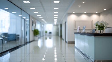 Office hallway with shiny tiled floor glass walled offices a reception desk and white flowers
