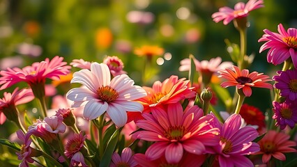 Fototapeta premium Vibrant floral arrangement glows in morning sunlight with delicate dew drops on petals and a soft garden backdrop.