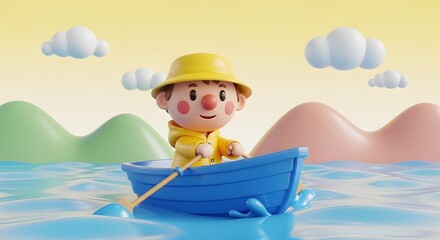 Cartoon Boy in Blue Boat on Water