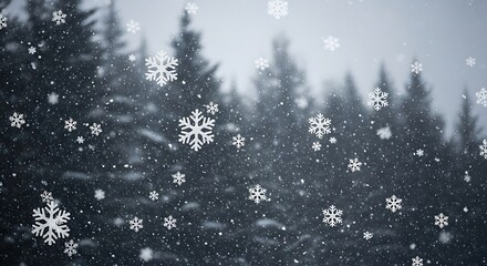 Snowflakes falling in a pine forest.