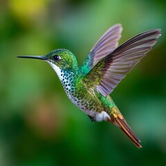 Fototapeta premium Macro style capture of butterfly like hummingbird in flight frozen wings with hyper realistic detail green blurred background