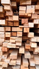 Stacked light-brown wooden beams