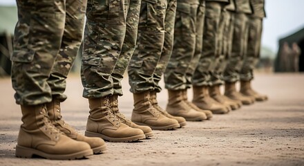 Soldiers in Formation Wearing Military Boots and Camouflage.