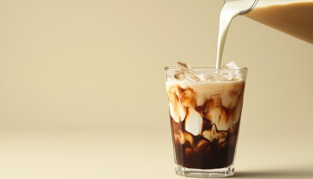 Barista Expertly Pours Milk Into A Chilled Glass Of Coffee, Creating A Refreshing And Delicious Iced Beverage. Enjoy The Process! - Powered by Adobe